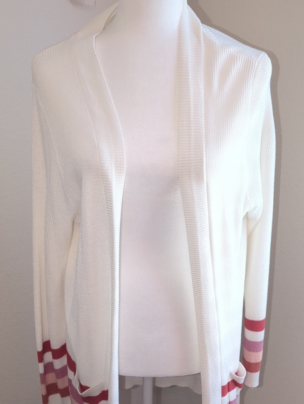 Women’s Cream Open-Front Cardigan with Striped Hem